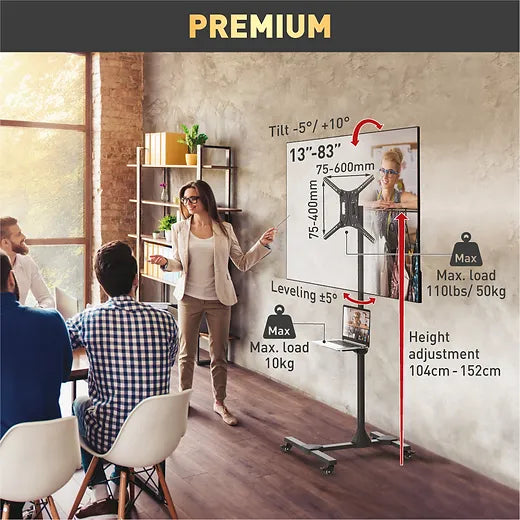 Barkan Mobile TV Cart 13 - 83 inch Tilt and Height Adjustment Stand, Metal shelf, Holds Up to 50 Kg, Glossy finish, Lockable Wheels, 5 Year Warranty, Rolling Trolley, Fits LED OLED LCD