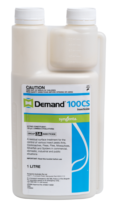 Demand 100CS is a residual surface treatment for the control of various insect pests Ants, Cockroaches, Fleas, Flies, Mosquitoes, Silverfish and Spiders in commercial, domestic, industrial and public situations.