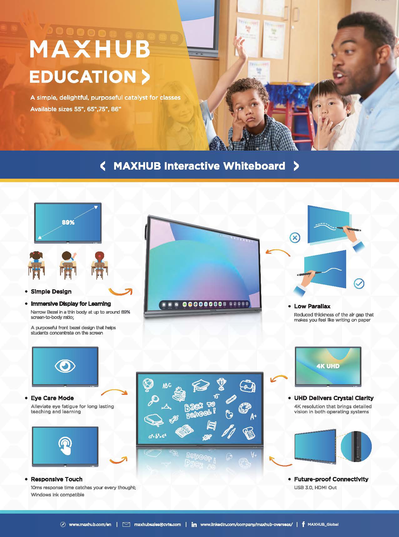 MAXHUB 65" UHD, advanced IR technology, narrow bezel design, built-in Android 8.0, anti-glare glass, U shape wall-mount bracket 5 year warranty
