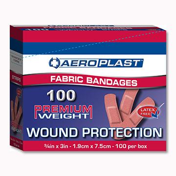 AEROPLAST FABRIC 100's A great quality Fabric Dressing Strip for wound protection. Box of 100. 7.2cm x 1.9cm
