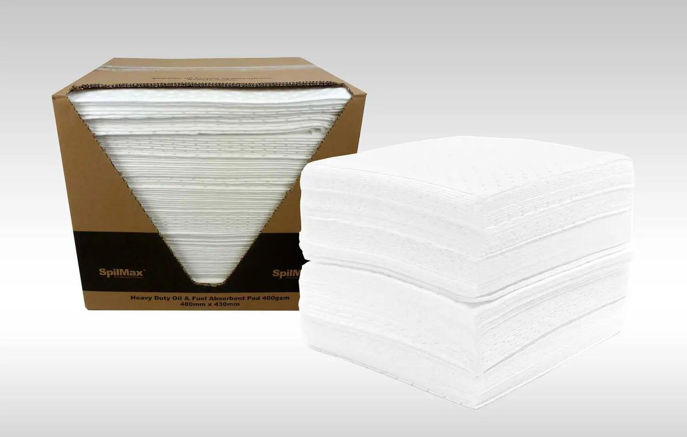 SpilMax Oil & Fuel Absorbent Pad Polypropylene 100gsm pad weight 480mm x 430mm perforated in middle. 200 pads.