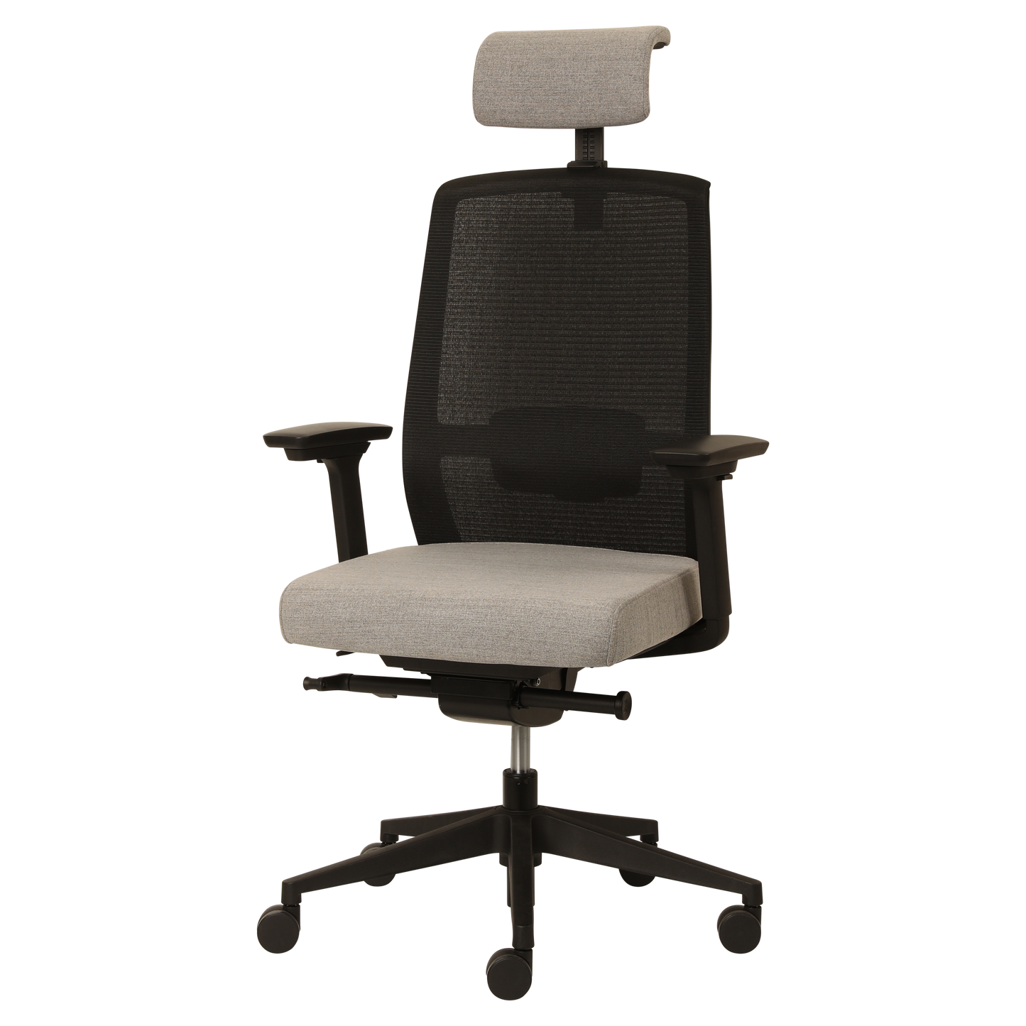 Dal Jirra chair, black mesh back, black headrest, seat in grey 09 fabric, 5D adj
arms, side control synchro mech, 100mm gas lift, black nylon base, std 60mm castors