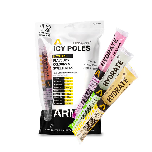 BODY ARMOUR Hydrate+ Hypotonic Icy Poles 12 ICY POLES, TROPICAL, LEMON & LIME & WILD BERRY