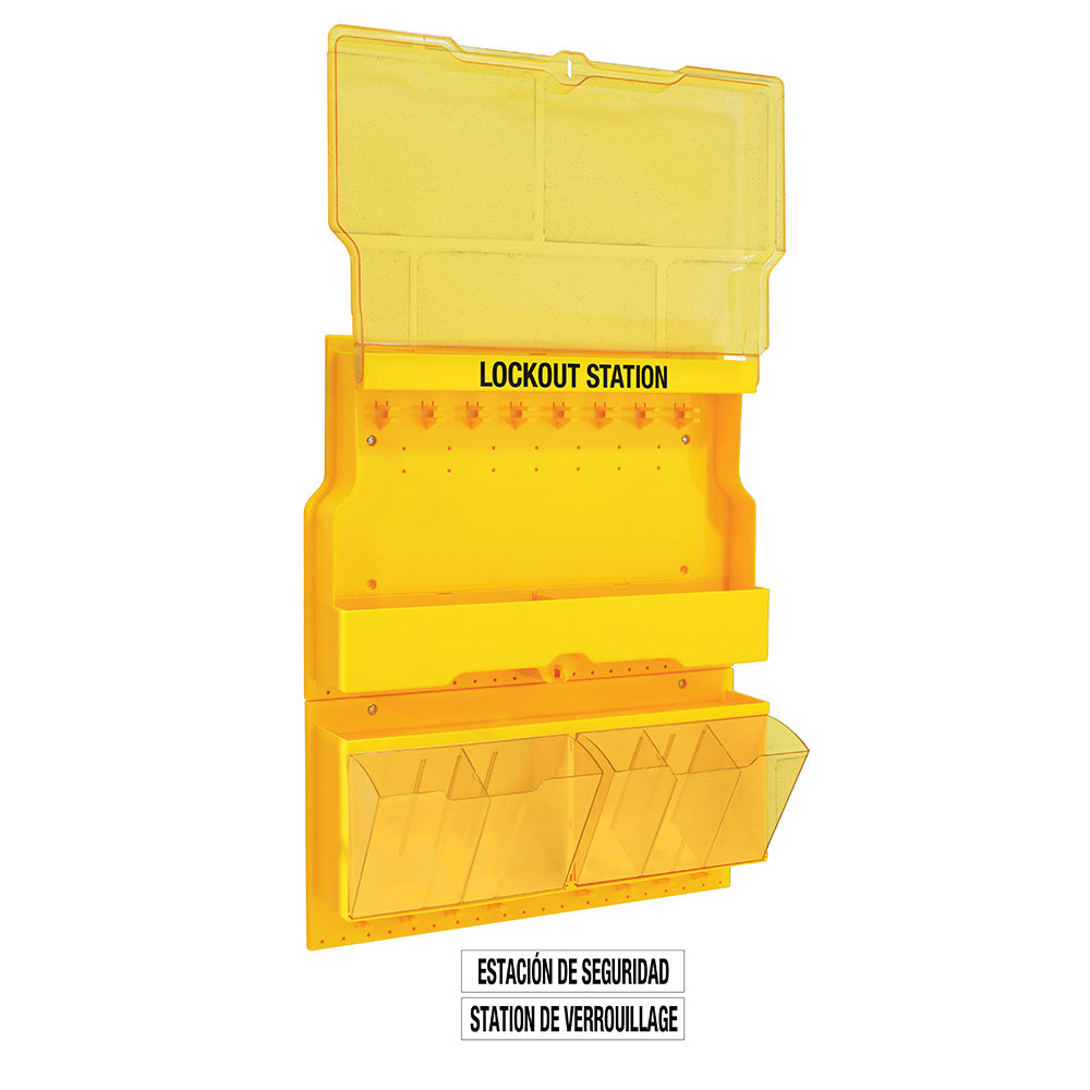 Deluxe Lockout Station with Cover and Trilingual Labels, Unfilled.