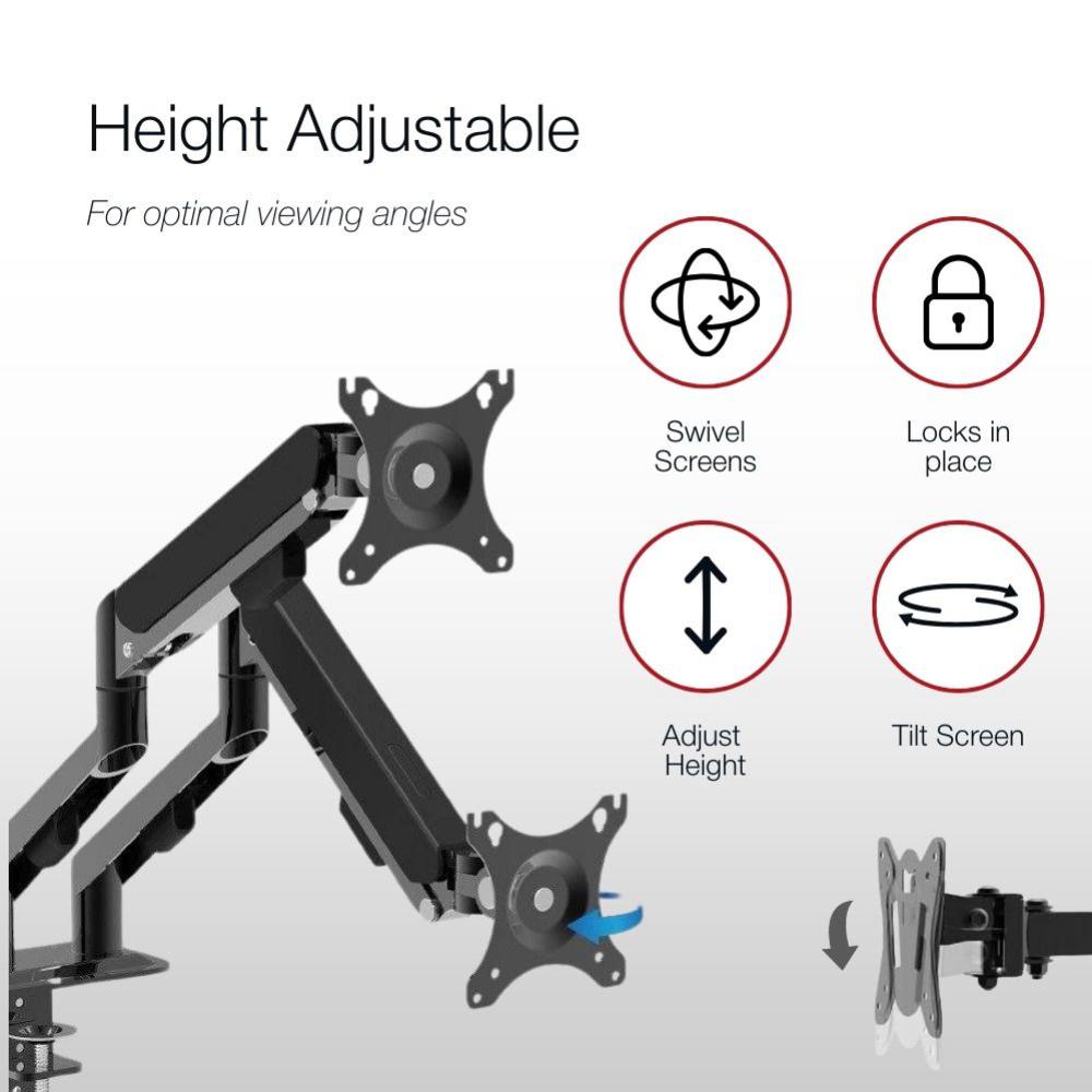 Shintaro Dual Monitor Mount for Up to 27" Screen, Gas Spring Arms, C-Clamp & Bolt, Tilt, 9kgs Max Load Weight