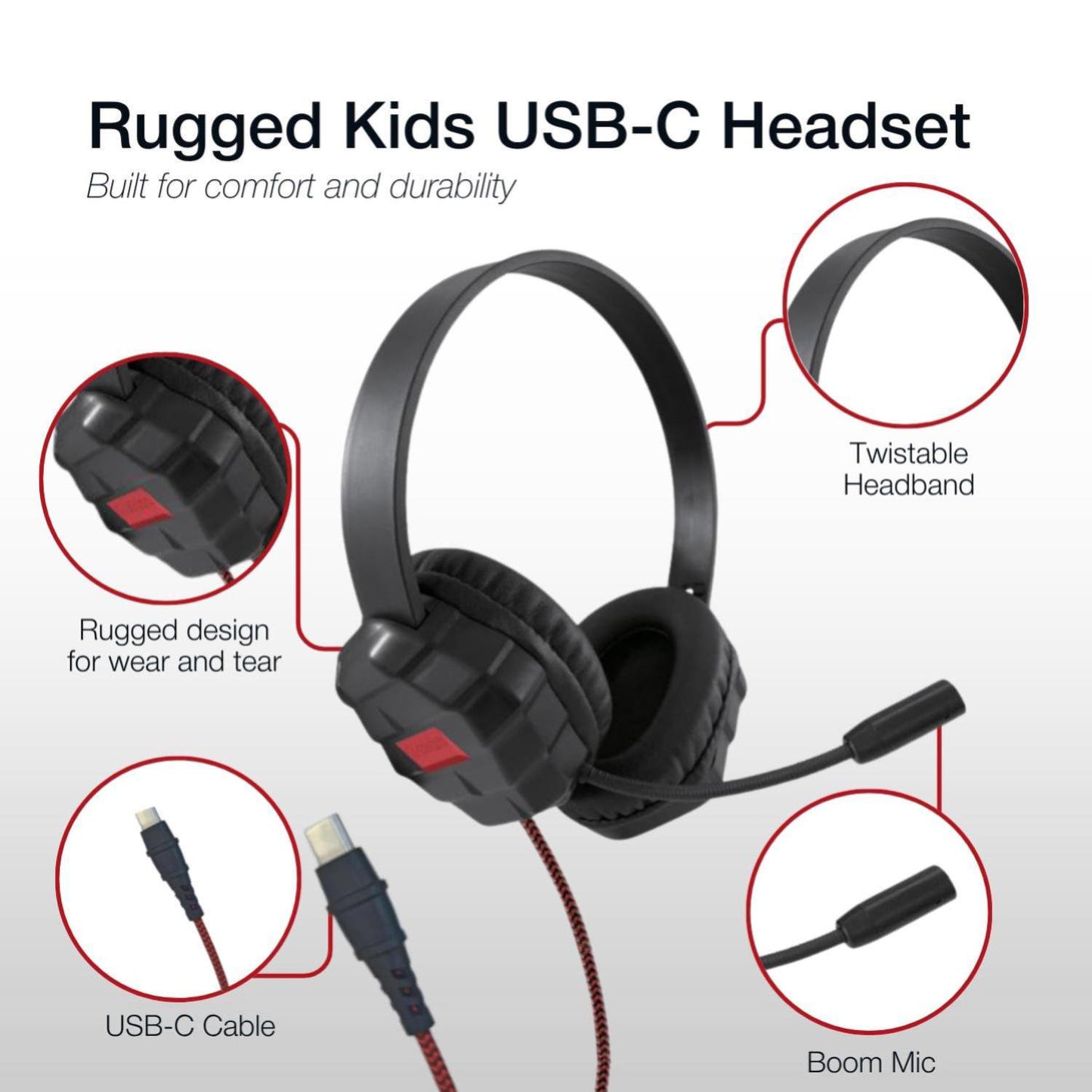 Shintaro Rugged Kids Headsets with Mic, Enhanced USB-C One Piece Mo, Twistable Headband, Adjustable, 40mm Driver for Smartphones, Tablets, and PC