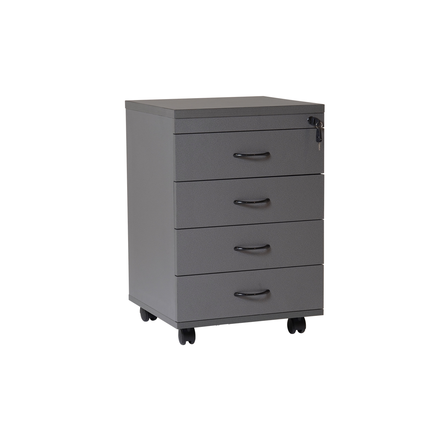 Mobile Pedestal - 4 Personal Drawers
465mm W x 447mm D x 690mm H, Lockable With Metal Runners
E0 Rated Melamine Board - Black P/C Bow Handles