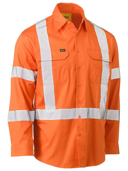 Bisley X Taped Biomotion Hi Vis Cool Lightweight Drill Shirt Orange 3XL