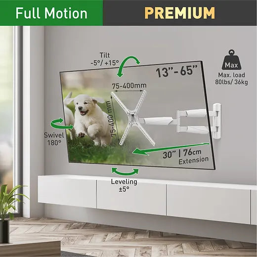 Barkan 67cm Long TV Wall Mount, 13 - 80 inch Full Motion Articulating - 4 Movement Flat / Curved Screen Bracket, Holds up to 50kg, Extremely Extendable, Fits LED OLED LCD