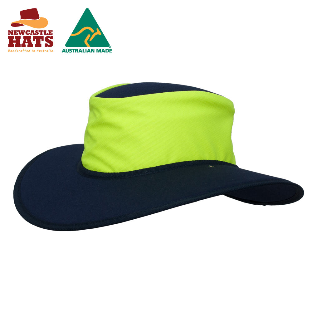 NEWCASTLE HATS NULLARBOR MICRO MESH HI VIS WIDE BRIM HAT UPF50+ YELLOW NAVY MEDIUM