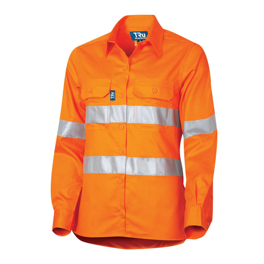 Tru Workwear; 160GSM Cotton Drill Shirt; L/S; Reflective Tape; Orange; 14 Ladies