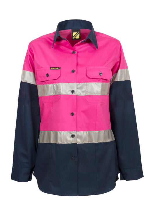 WORKCRAFT LADIES LIGHTWEIGHT HI VIS LONG SLEEVE VENTED REFLECTIVE COTTON DRILL SHIRT – NIGHT USE ONLY PINK/NAVY SIZE 14
