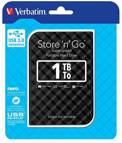 Verbatim 1TB 2.5" USB 3.0 Black Store'n'Go HDD Grid Design, Ultra Portable, High Speed & Capacity. Backup and Store + Nero Backup Software