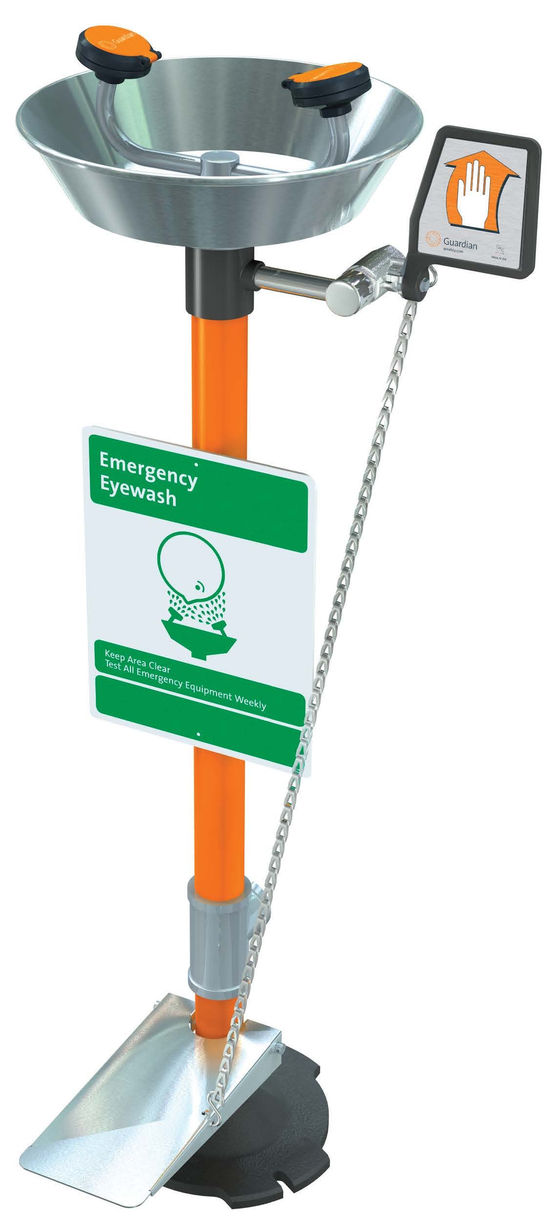 Guardian Eye/Face Wash Pedestal Mounted with Green or Orange ABS Plastic Bowl, powder coated pipes and fittings with Hand and Foot Control