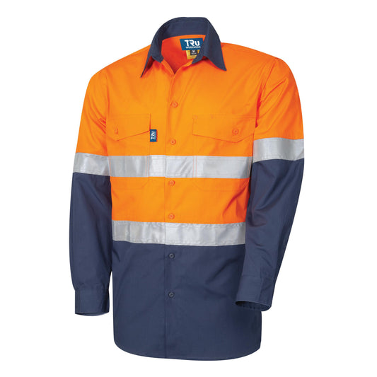 Tru Workwear Ripstop Vented L/S Hi-Vis Cotton With 3M Tape Orange/Navy 3XL
