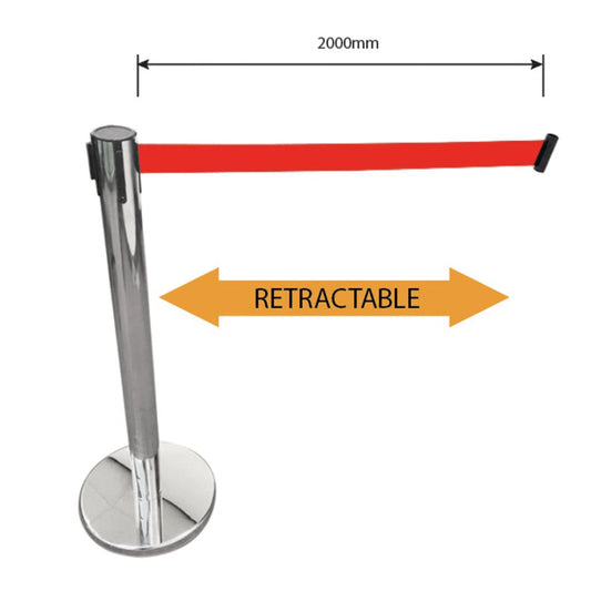 Retractable Belt Queue Bollard Stainless Steel with Matching Base - Black Belt length 2000mm. Pole Dia. 60mm