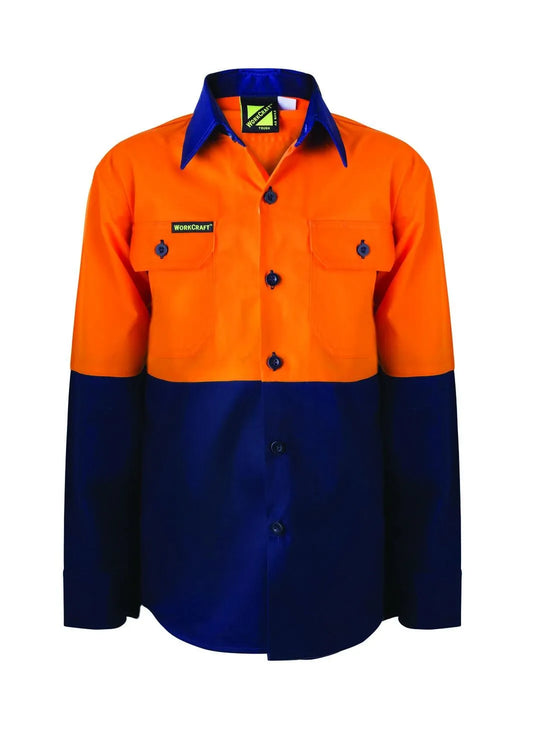 Workcraft KIDS HI VIS COTTON SHIRT-LS, Orange/Navy size 8