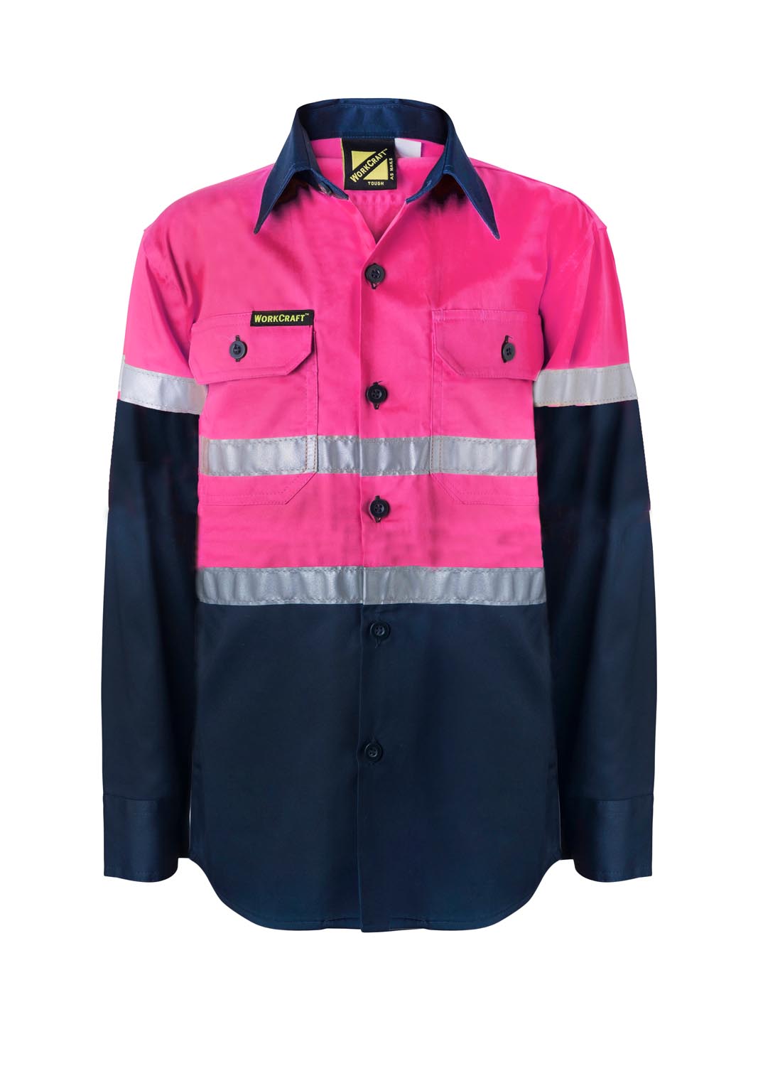 Workcraft KIDS LIGHTWEIGHT HI VIS LONG SLEEVE REFLECTIVE COTTON DRILL SHIRT Pink/Navy Size 6
