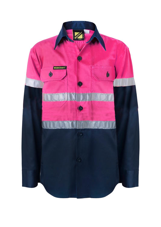 Workcraft KIDS LIGHTWEIGHT HI VIS LONG SLEEVE REFLECTIVE COTTON DRILL SHIRT Pink/Navy Size 4