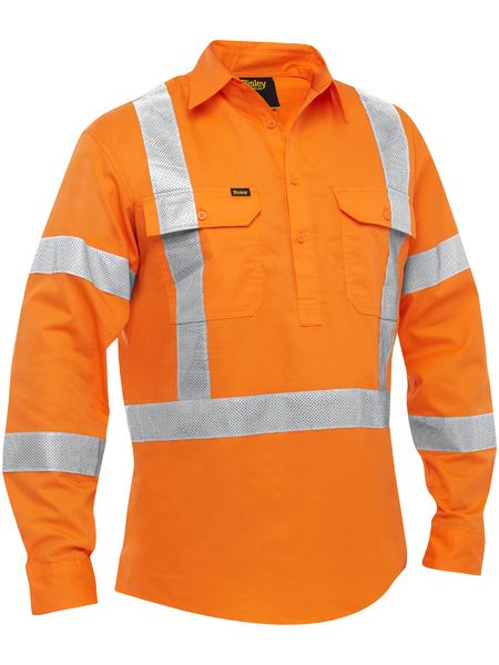 BISLEY X Taped Closed Front Hi Vis Cool Lightweight Drill Shirt Rail Orange 4XL
