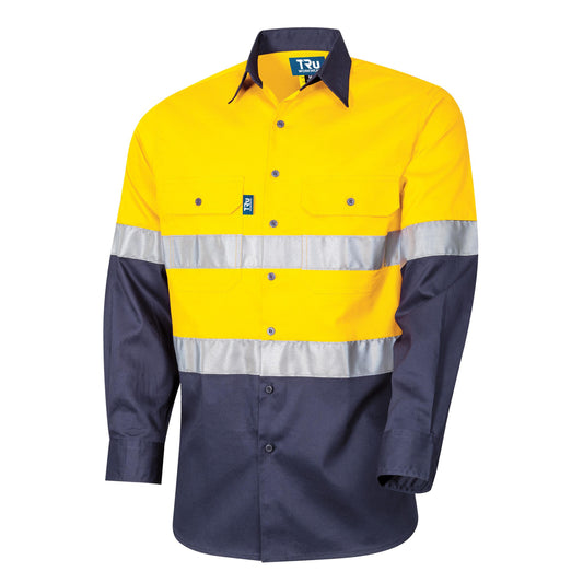 Tru Workwear L/S Two Tone Cotton Drill Shirt with 3M Two Hoop Reflective Tape and Horizontal Cooling Vents, yELLOW/NAVY 2XL