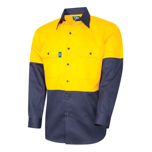 Tru Workwear Shirt L/S Two Tone Cotton Drill with HORIZONTAL Cooling Vents large Yellow/Navy