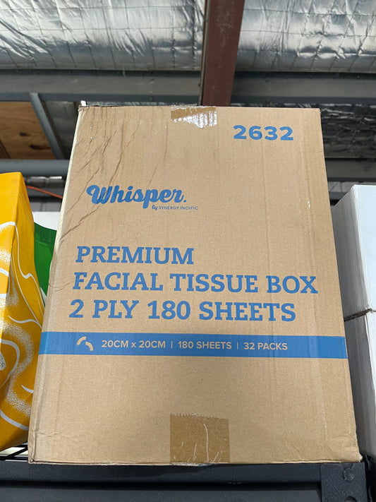 WHISPER PREMIUM FACIAL TISSUE BOX, 2 PLY, 180 SHEETS