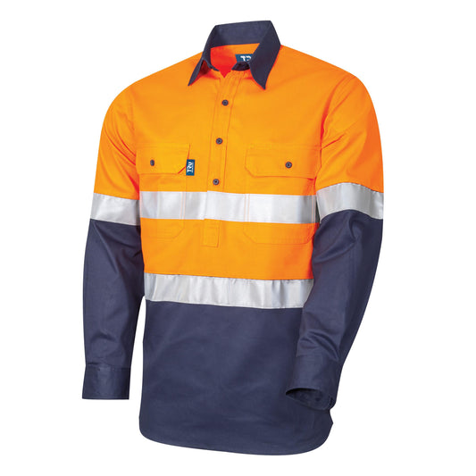Tru Workwear L/S Two Tone Closed Front Cotton Drill Shirt with 3M Two Hoop Reflective Tape, ORANGE/NAVY 3XL