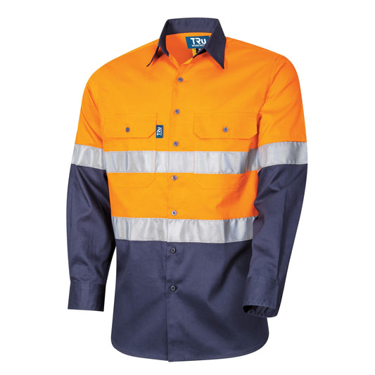 Tru Workwear L/S Two Tone Cotton Drill Shirt with 3M Two Hoop Reflective Tape and Horizontal Cooling Vents, ORANGE/NAVY XS