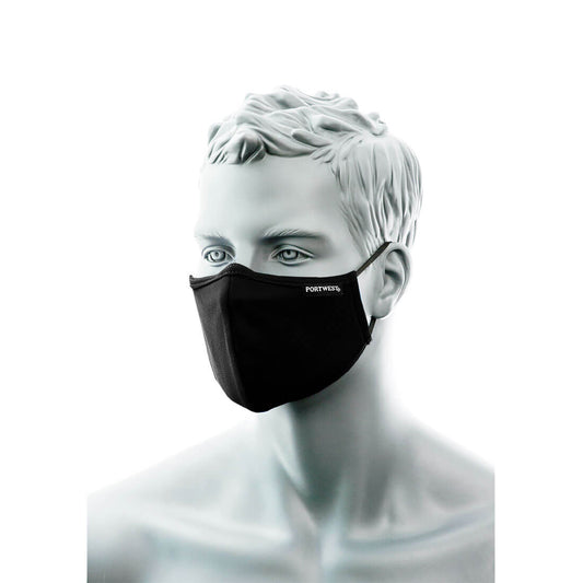 PORTWEST 3-Ply Anti-Microbial Fabric Face Mask with Nose Band BLACK