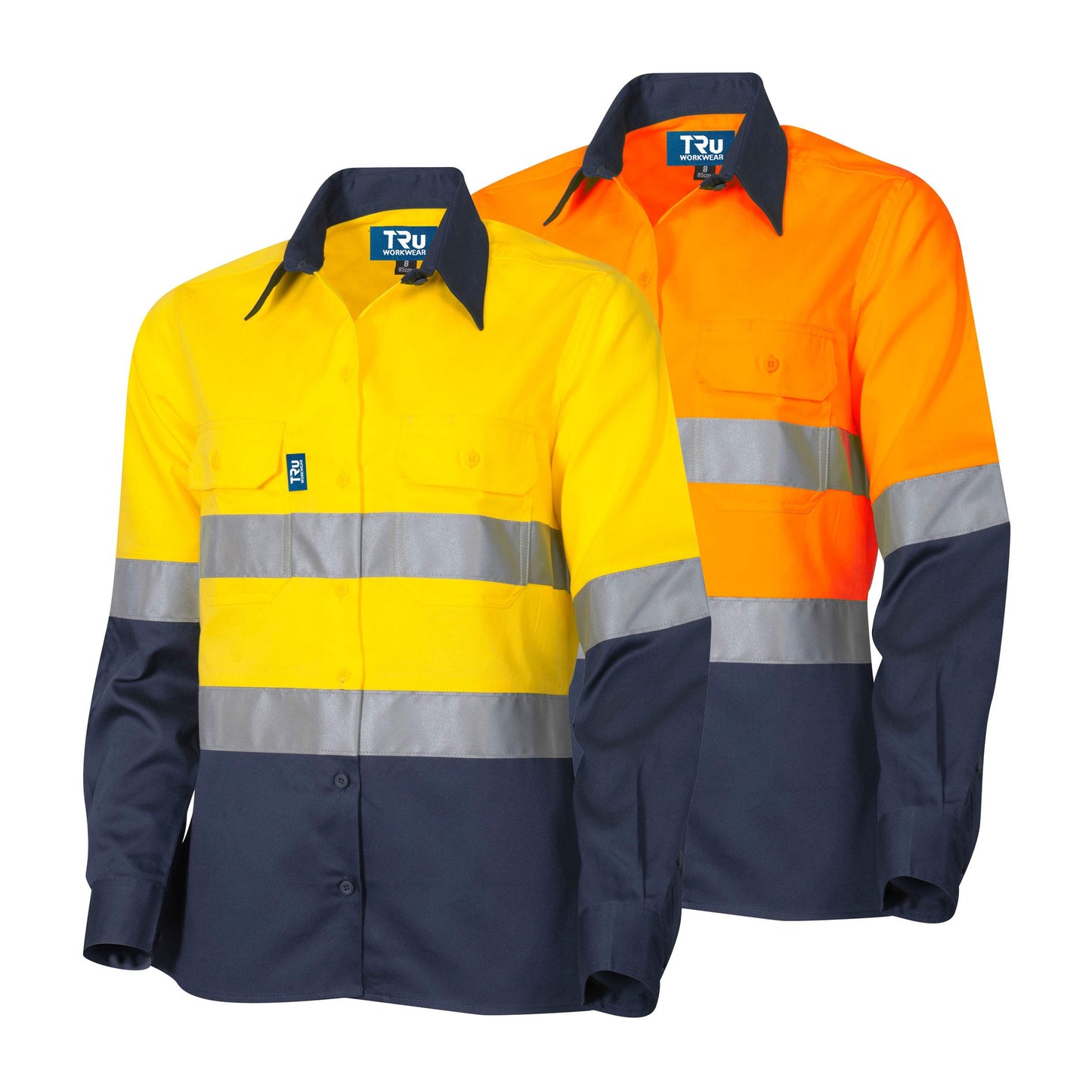 Tru Workwear Light Weight Womens 160gsm L/S Two Tone Cotton Drill Shirt with 3M Two Hoop Reflective Tape and Horizontal Cooling Vents, ORANGE/NAVY 14