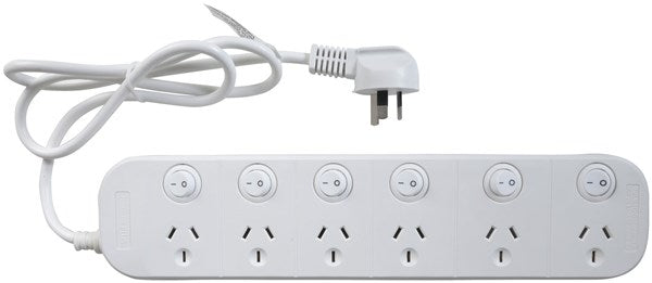 6 way Powerboard with 6 switches and Surge Overload Protection Provides surge protection for expensive or sensitive equipment