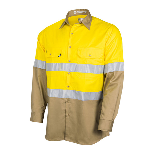 Tru Workwear; Lightweight Vented Hi-Vis Drill Shirt TRuVis Tape Yellow/Khaki Medium