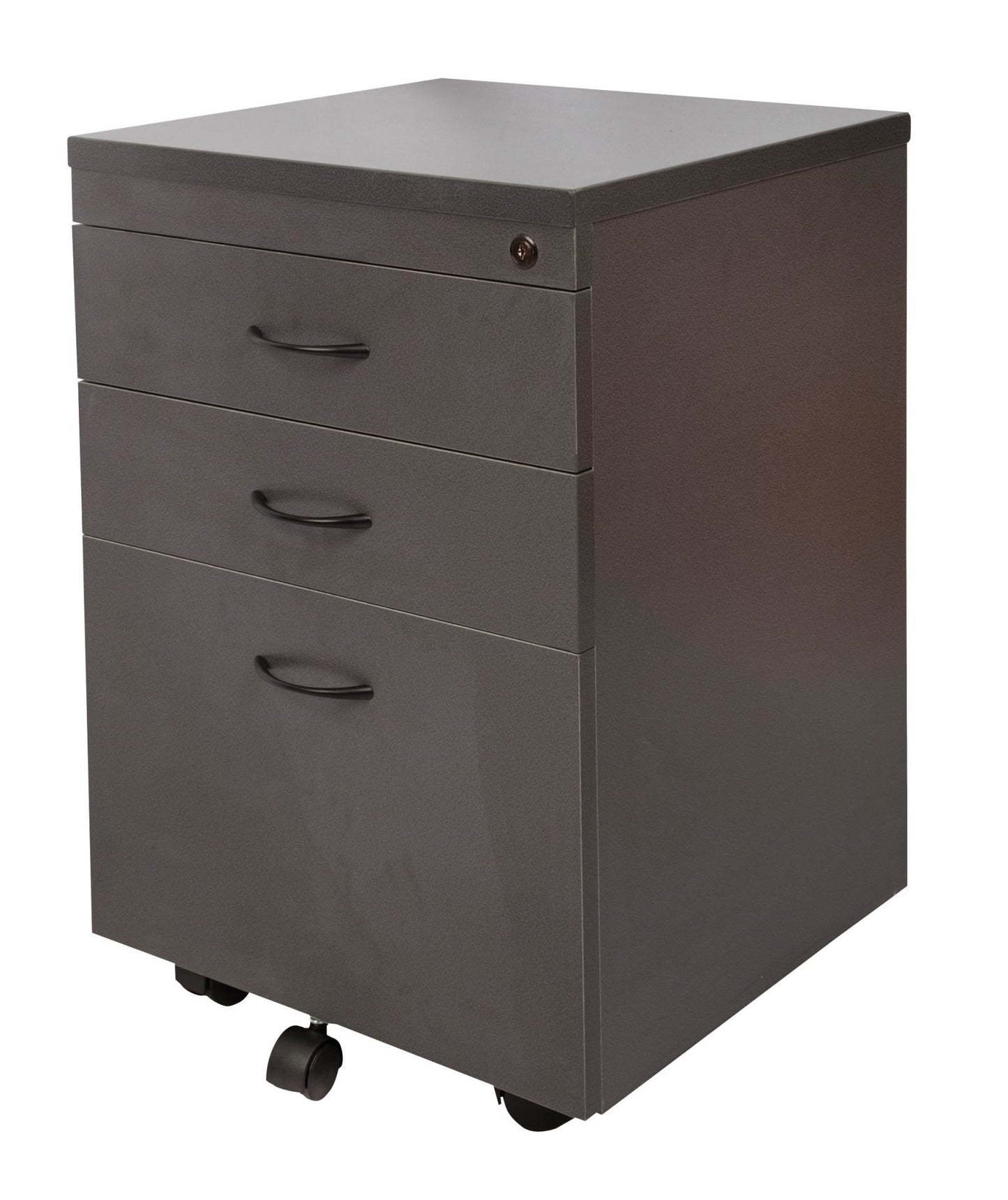 Rapid Worker Mobile Pedestal Mobile Pedestal - 2 Personal Drawers + 1 File Drawer 
Ironstone 465mm W x 447mm D x 690mm H
Lockable With Metal Runners 
E0 Rated Melamine Board - Black Powdercoat Bow Handles