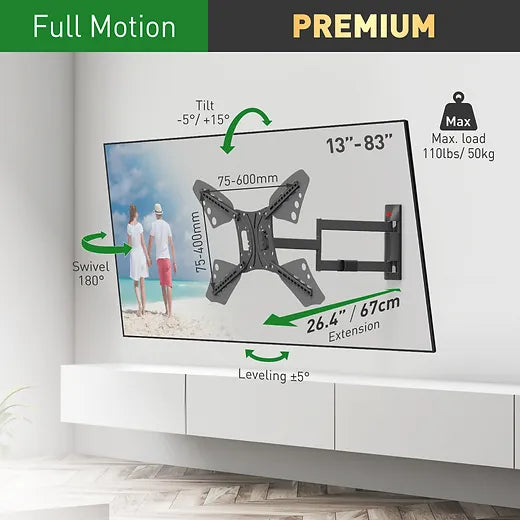Barkan 67cm Long TV Wall Mount, 13 - 80 inch Full Motion Articulating - 4 Movement Flat / Curved Screen Bracket, Holds up to 50kg, Extremely Extendable, Fits LED OLED LCD