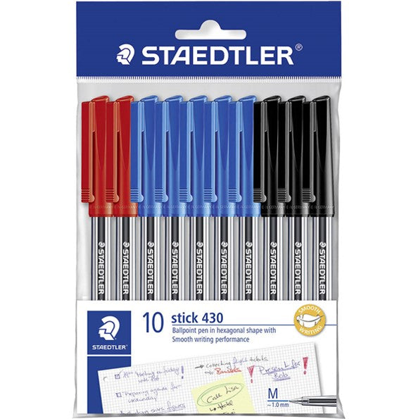PEN STAEDTLER BP STICK 430 MED POLYBAG 10 ASST