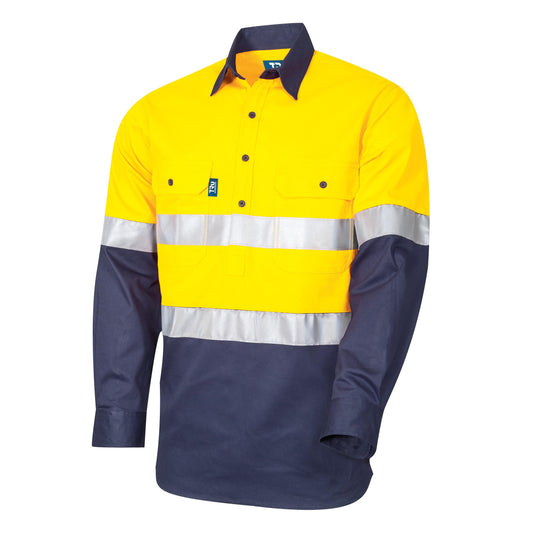 Tru Workwear L/S Two Tone Closed Front Cotton Drill Shirt with 3M Two Hoop Reflective Tape, YELLOW/NAVY 4XL