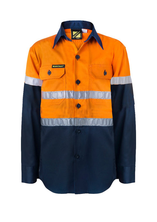 WORKCRAFT KIDS LIGHTWEIGHT HI VIS LONG SLEEVE REFLECTIVE COTTON DRILL SHIRT ORANGE/NAVY SIZE 5