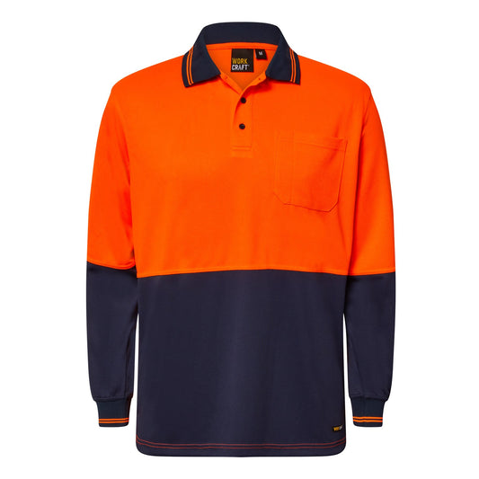 WORKCRAFT HIVIS TWO TONE POLO POCKET LONG SLEEVED in Navy Orange size XS