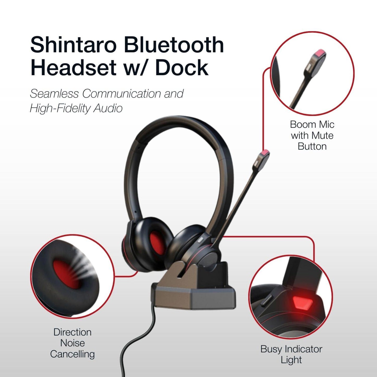 Shintaro Wireless Headset with Mic - Noise Cancelling, Dual Device Connectivity, 30m Range, 40 Hours Talk Time, with Charging Base