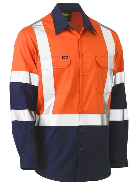 BISLEY X Taped Biomotion Two Tone Hi Vis Lightweight Drill Shirt, Orange/Navy XL
