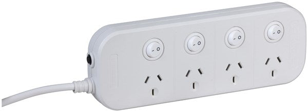 4 way Powerboard with 4 switches and Surge Overload Protection Overload and surge protection ensure safe operation.