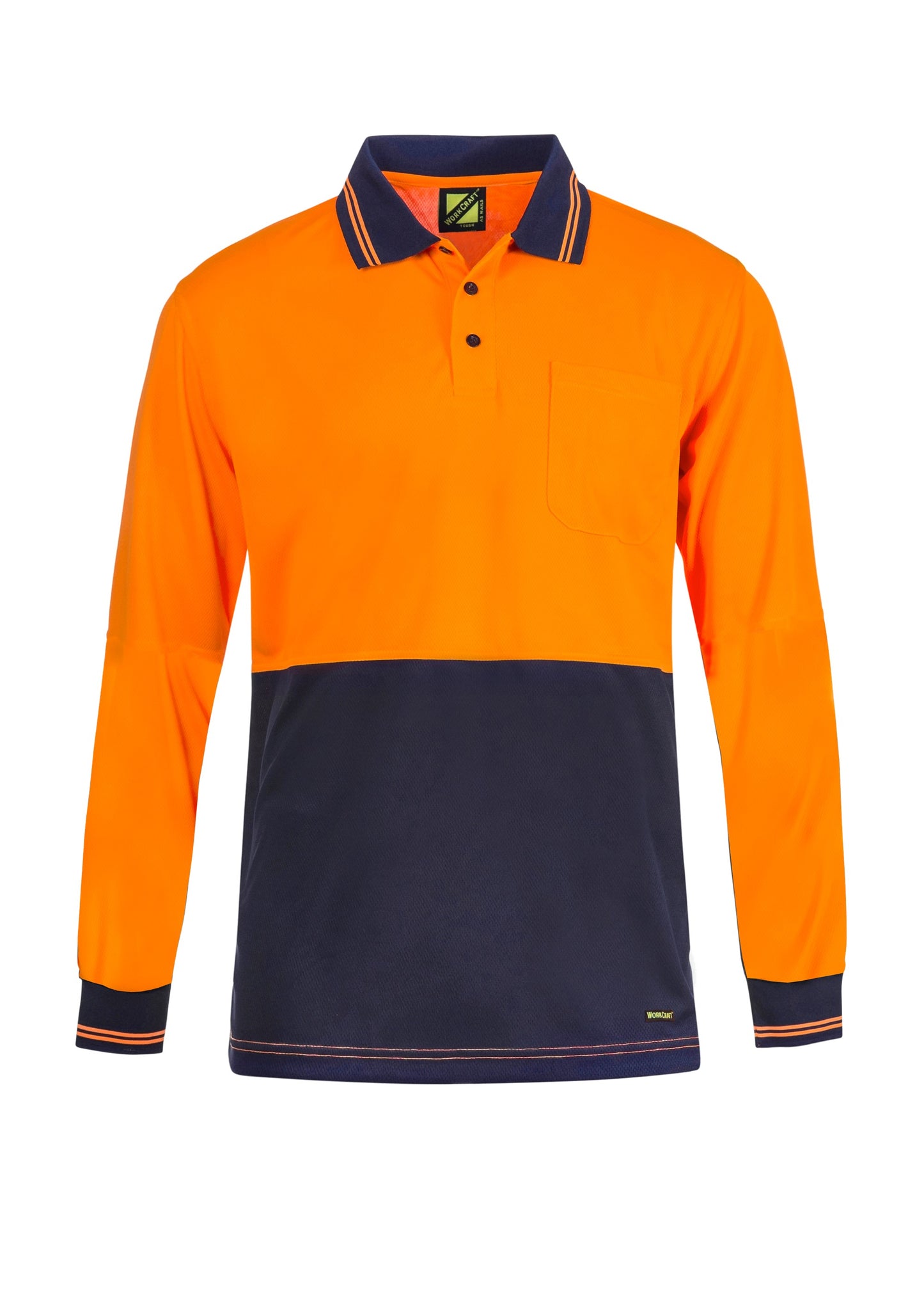 WORKCRAFT HI VIS LIGHTWEIGHT POLO LONG SLEEVED SHIRT in Navy Orange size M