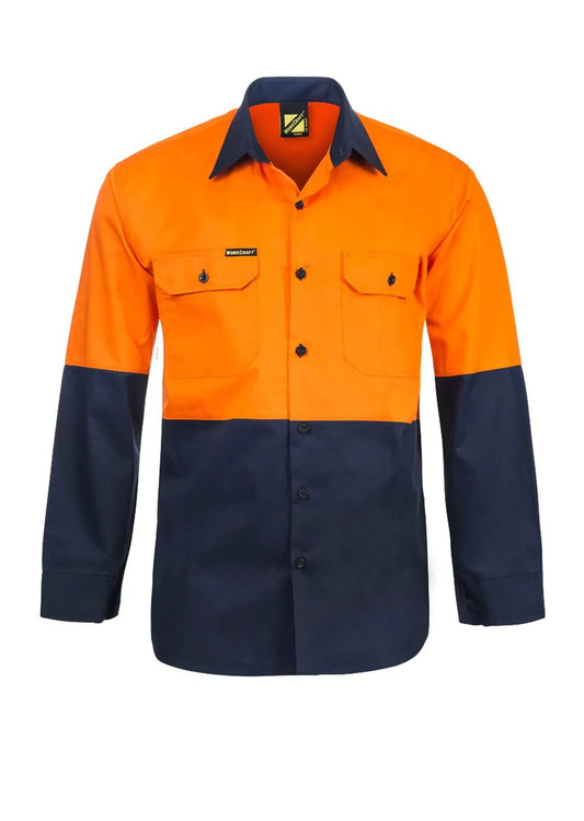 WORKCRAFT LIGHTWEIGHT HI VIS LONG SLEEVE VENTED COTTON DRILL SHIRT ORANGE/NAVY 6 XL