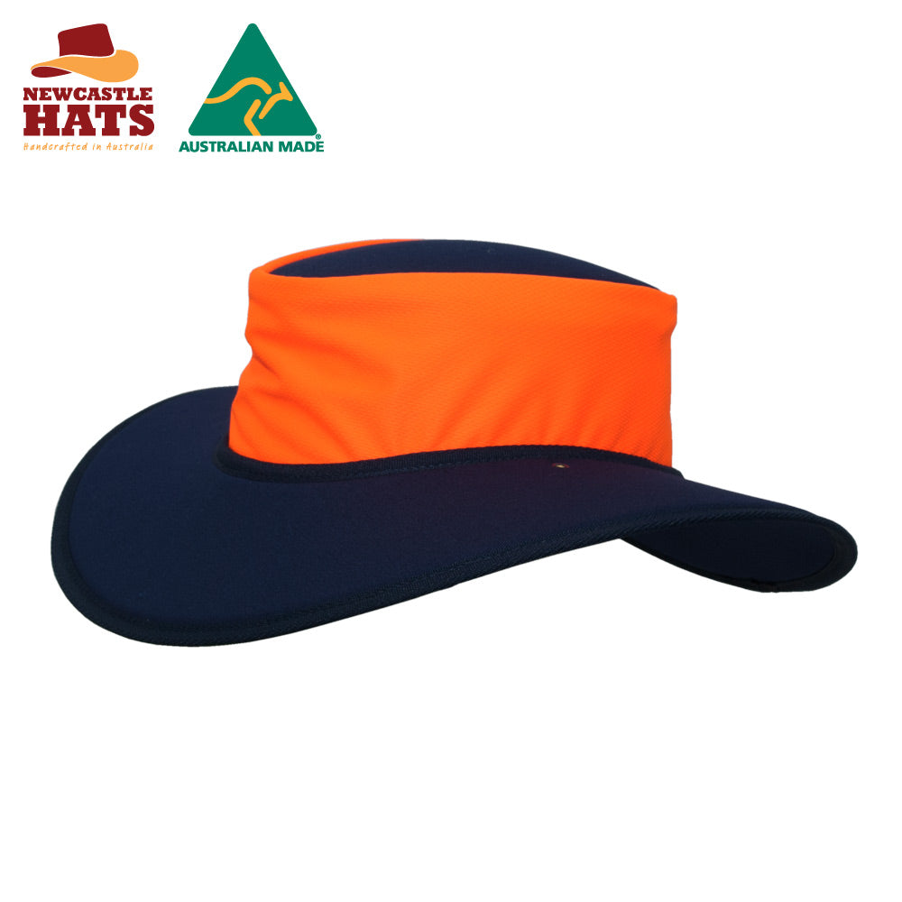 NEWCASTLE HATS NULLARBOR MICRO MESH HI VIS WIDE BRIM HAT UPF50+ ORANGE NAVY LARGE