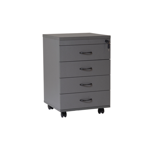 Mobile Pedestal - 4 Personal Drawers 
465mm W x 447mm D x 690mm H, Lockable With Metal Runners
E0 Rated Melamine Board - Black P/C Bow Handles