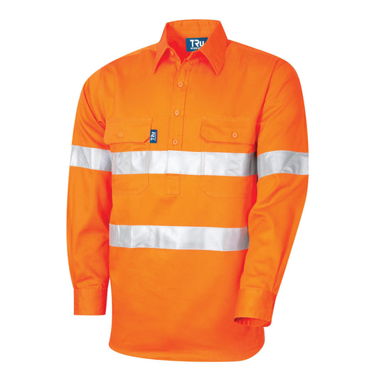 Tru Workwear L/S Closed Front Cotton Drill Shirt with 3M Two Hoop Reflective Tape ORANGE SMALL