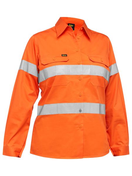 Bisley Women's Taped Hi Vis Cool Lightweight Drill Shirt Orange Size 10