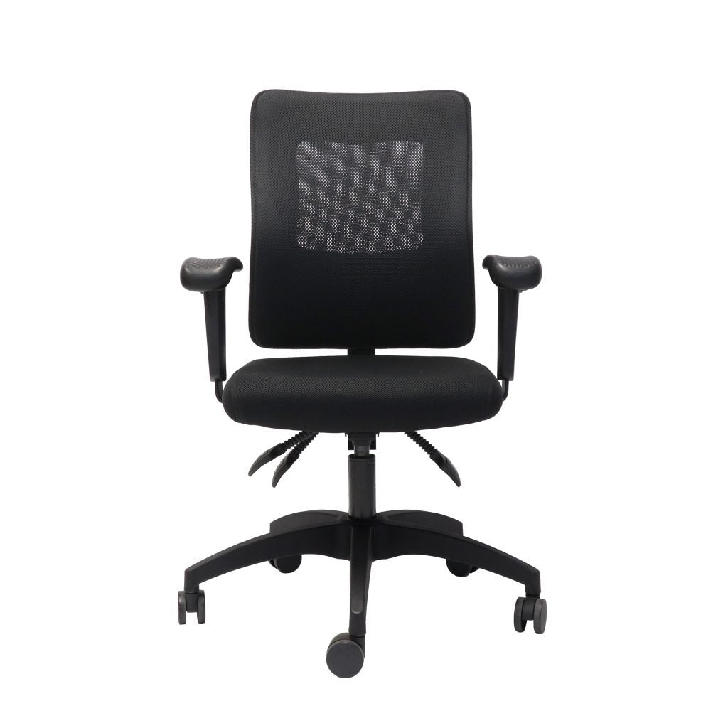 Medium Mesh Back Operator Chair
 3 Lever Fully Ergonomic Mechanism - 120 Kg Weight Rating
 Black Mesh Back Rest - Black Upholstered Seat Pan Gas Lift - Seat Pan & Back Rest Tilt - Black 5 
star Spider Base On Castors - Includes Adjustable Arms