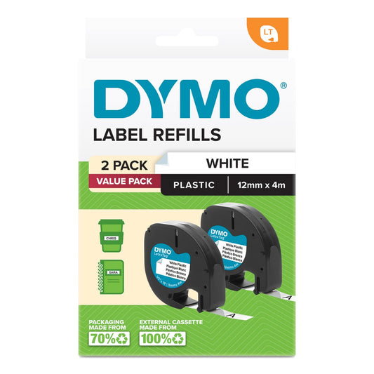LABEL TAPE DYMO 12MM X 4M LETRA-TAG PLASTIC WHITE PK2